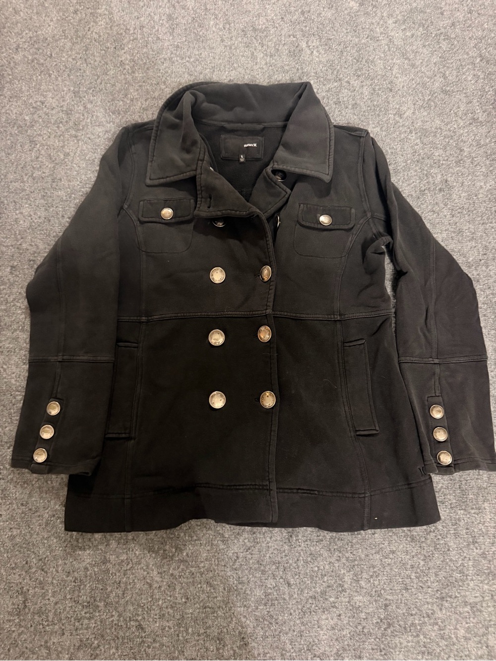 Hurley Black Double-Breasted Pea Coat with Silver Buttons